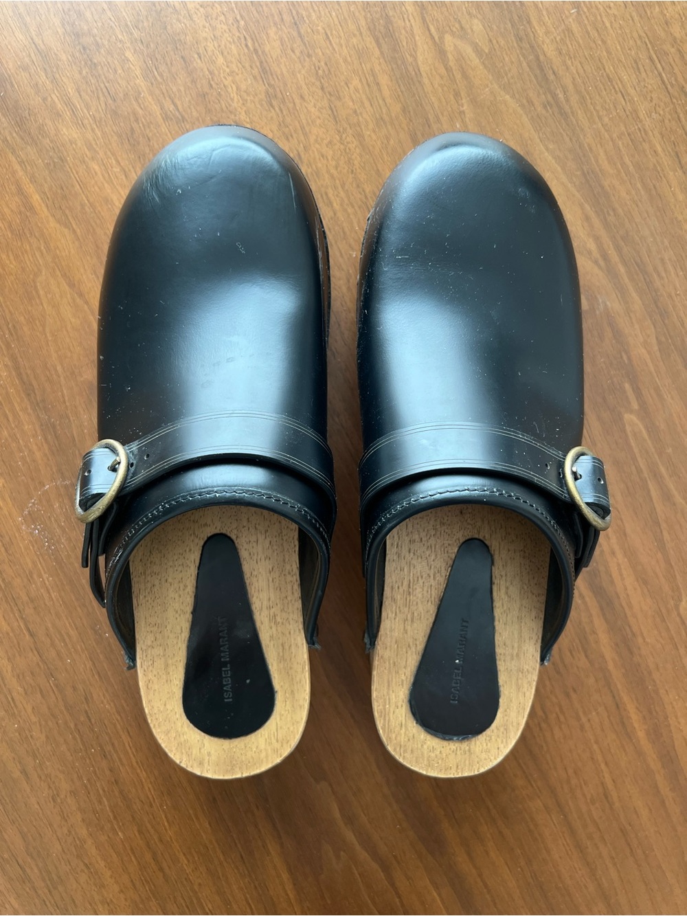 Isabel Marant Black Leather Buckle Clogs with Wood Sole - Picture 2 of 3